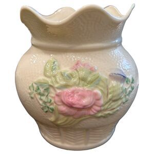 Vintage Belleek Ivory Ruffle Floral Embossed Porcelain Vase ~ 7th Brown Mark